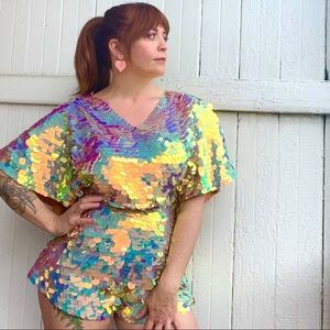 Mellow Sequin Cape Playsuit by Rosa Bloom in ROSE. Discontinued color way.